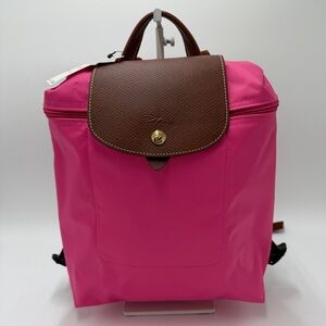 NWT Longchamp Le Pliage Pink Nylon Backpack Brown Leather Trim